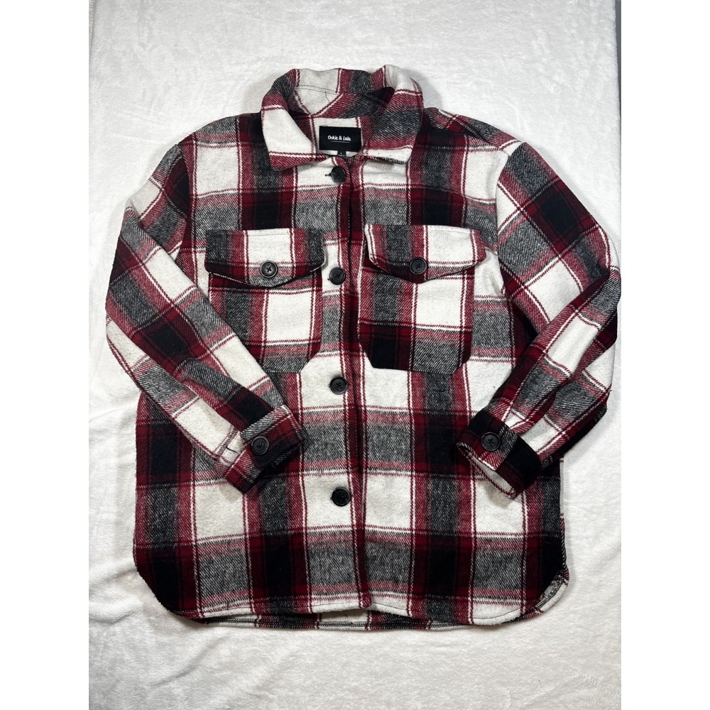 Ookie & Lala red white and black plaid flannel shacket L
